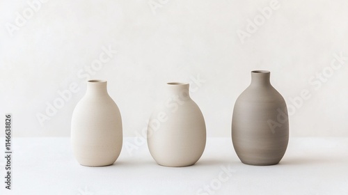 Three minimalist ceramic vases in beige and grey tones on white background.