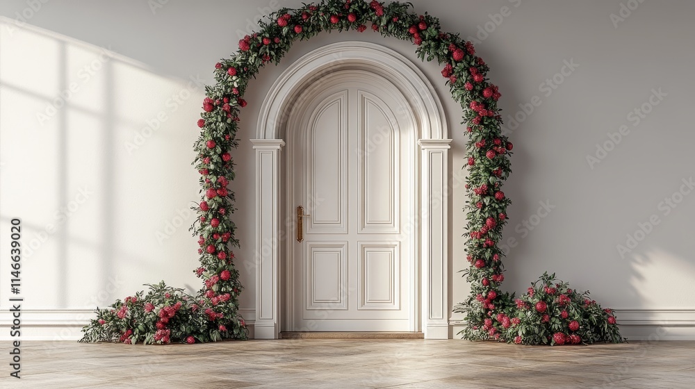 Fototapeta premium Elegant doorway adorned with floral arch and light