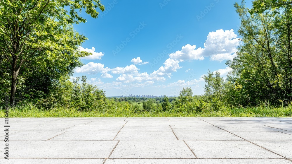 Scenic park pathway with city skyline view. Scenic park pathway with city skyline view.