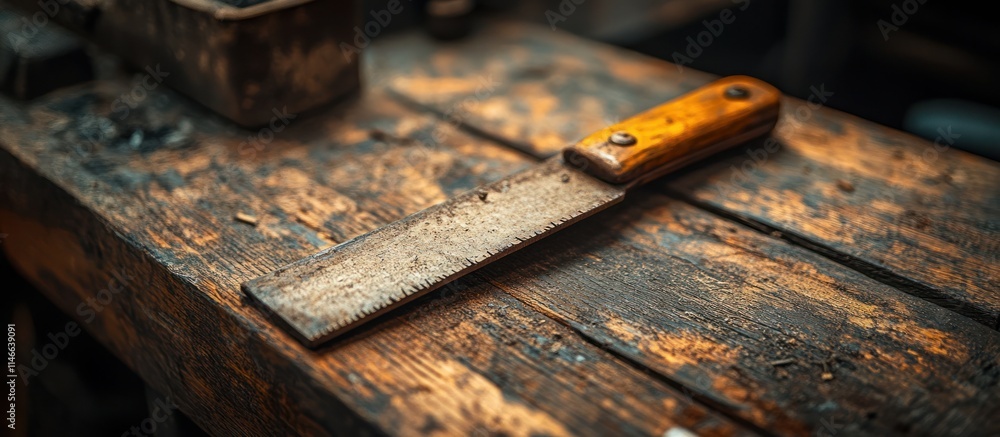 Antique woodworking tool on weathered workbench. Antique woodworking tool on weathered workbench.