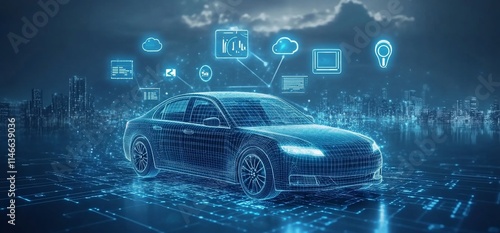 A digital representation of a car with connected technology elements.