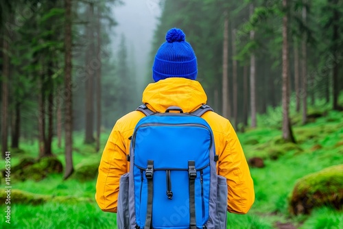 A solo traveler backpacking through a forest embodies an adventurous and free-spirited lifestyle, portraying a powerful woman with a deep love for nature and a free spirit. photo