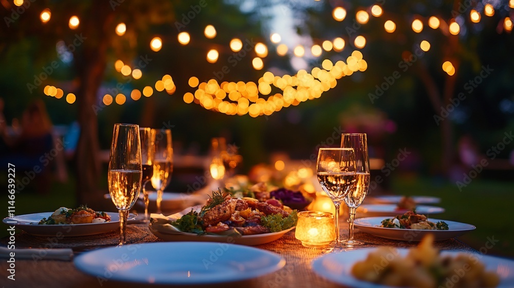 Romantic outdoor dinner party at night with string lights. Romantic outdoor dinner party at night with string lights.