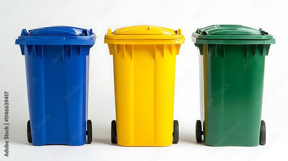 Four recycling bins, green, yellow, and blue, lined up.
Four recycling bins, green, yellow, and blue, lined up.