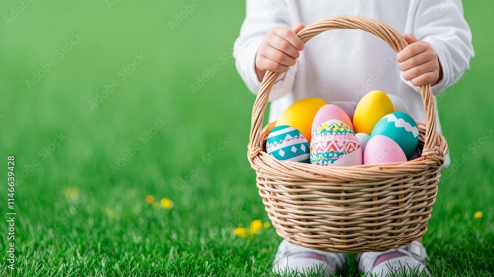 With a basket of colorful Easter eggs, a child looks for more in a sunlit garden. With a basket of colorful Easter eggs, a child looks for more in a sunlit garden.