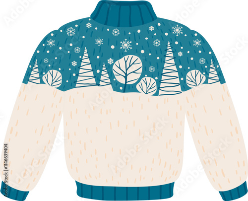 Warm knitted sweater with a festive design featuring a winter forest scene with snowflakes, perfect for cozy winter days and holiday celebrations, is lying flat