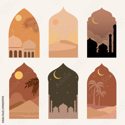 Set of oriental style islamic windows in boho design with moon, sun, mosque and desert.