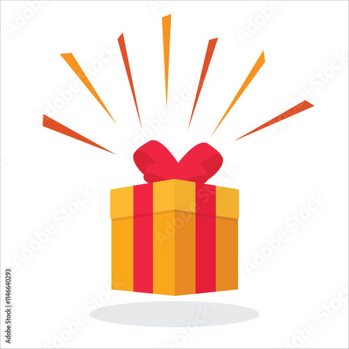 Surprise orange gift box. christmas, birthday celebration. Special sales offer. special give away package, wonder gift with exclamation mark, stock illustration