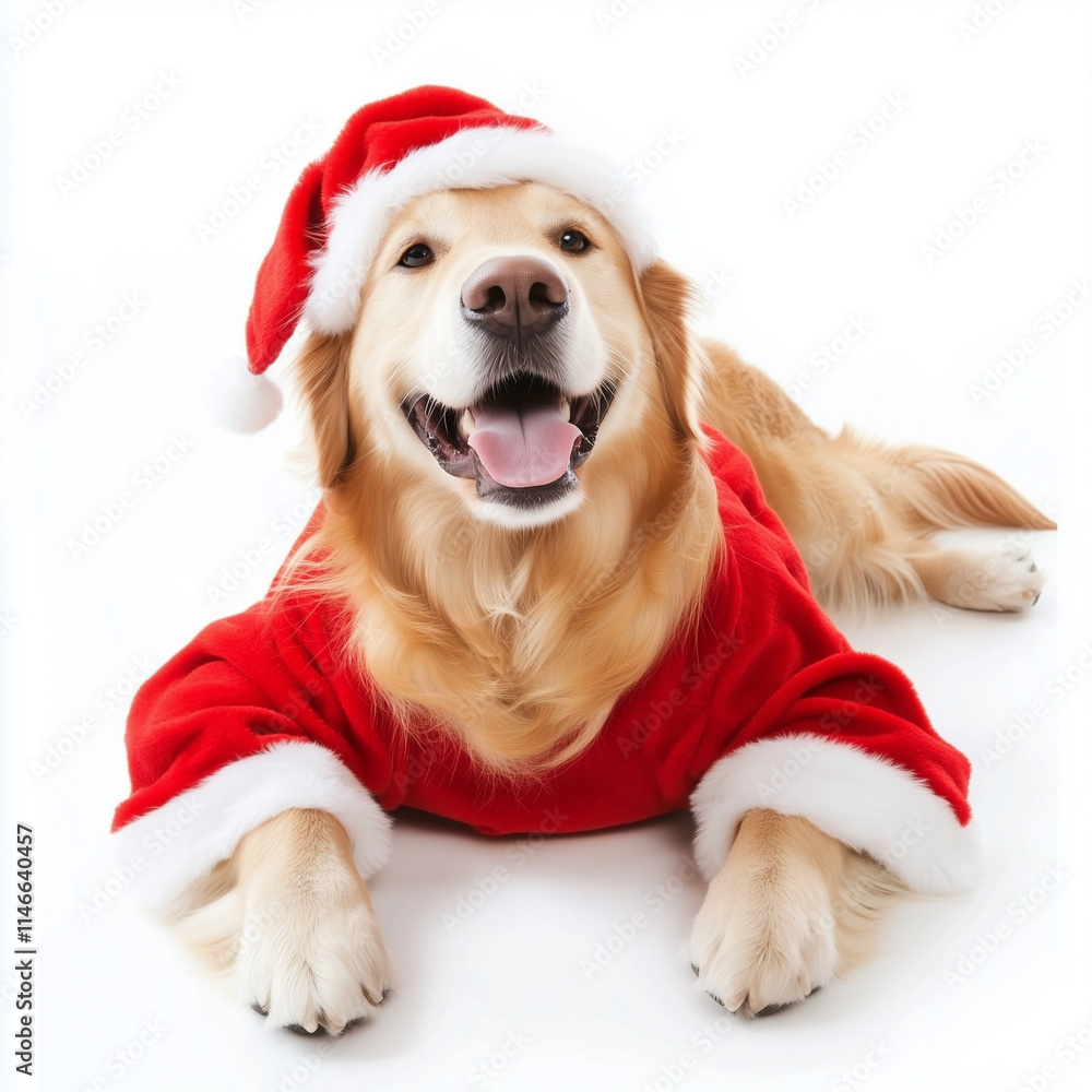 Full body shot of Golden Retriever dog, lying down, smiling. Wearing Christmas costume. Full body shot of Golden Retriever dog, lying down, smiling. Wearing Christmas costume.