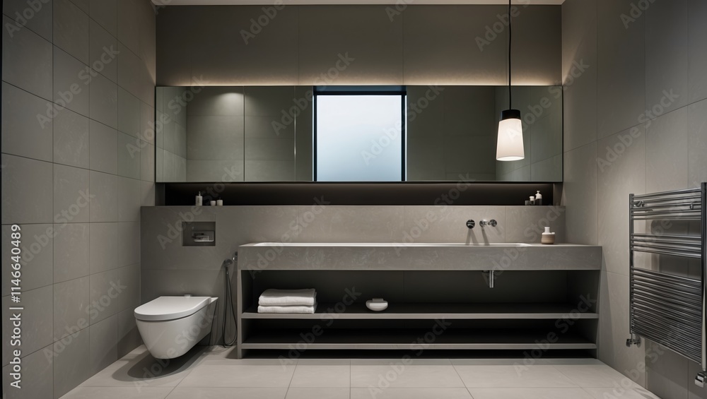 Modern minimalist bathroom featuring gray tiles, sleek basin, illuminated mirror, window, and organized shelves with towels. Relaxing, clean ambiance. Modern minimalist bathroom featuring gray tiles, sleek basin, illuminated mirror, window, and organized shelves with towels. Relaxing, clean ambiance.