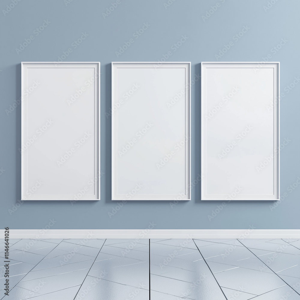 Minimalistic Interior with Blue and White Blank Photo Frames Minimalistic Interior with Blue and White Blank Photo Frames
