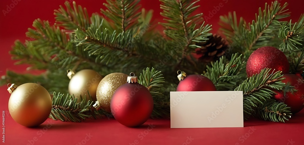 Greeting card mock up with christmas ornaments with red background Greeting card with christmas balls and pine tree7 Greeting card mock up with christmas ornaments with red background Greeting card with christmas balls and pine tree7