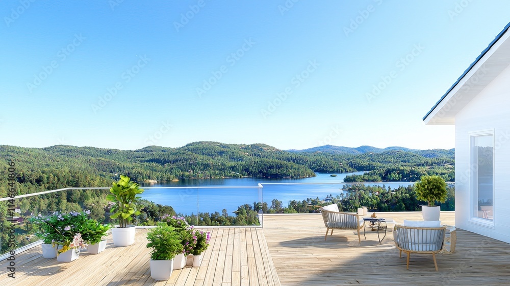 Naklejka premium A large rooftop garden terrace featuring an array of potted plants and a picturesque lake view.