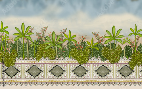Mughal Garden Wall Oil-Paint Illustration Artwork for textile print