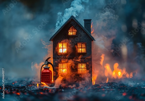 Smoke and Burning House Fire Extinguisher, Ultra-High Resolution Home Fire Safety Concept, Generative Ai. photo