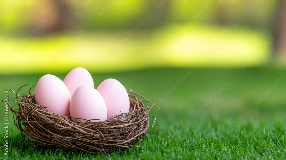 The grass is adorned with a nest of Easter eggs under the sunny spring sky. The grass is adorned with a nest of Easter eggs under the sunny spring sky.