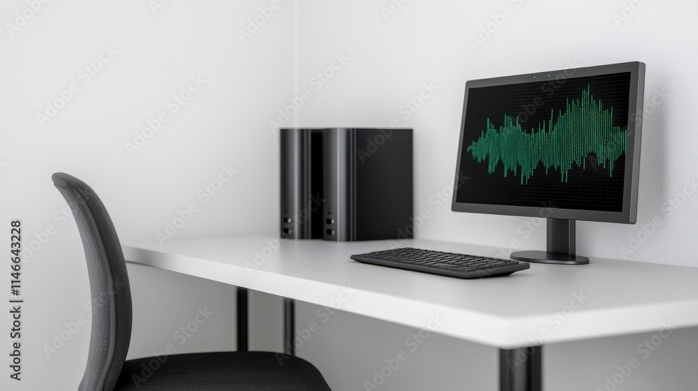 Fototapeta premium A modern workspace featuring a monitor displaying sound waves, a keyboard, and a sleek desktop with a black computer tower and a minimalist chair.