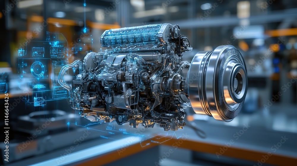 A futuristic engine technology demo in an advanced automotive research facility. A futuristic engine technology demo in an advanced automotive research facility.