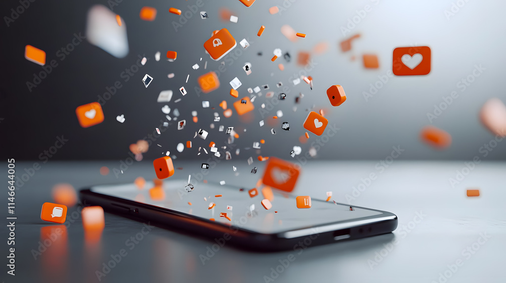 Dynamic smartphone with floating social media icons, representing digital communication, technology evolution, and modern connectivity trends in a 3D composition Dynamic smartphone with floating social media icons, representing digital communication, technology evolution, and modern connectivity trends in a 3D composition
