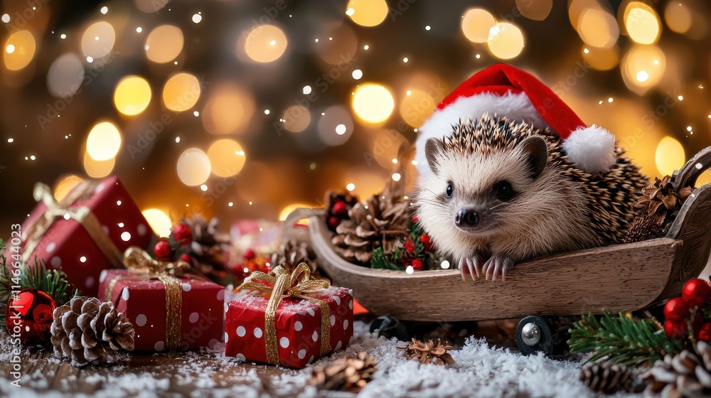 Cute Hedgehog in Santa Hat on Wooden Sledge Surrounded by Festive Decorations Cute Hedgehog in Santa Hat on Wooden Sledge Surrounded by Festive Decorations