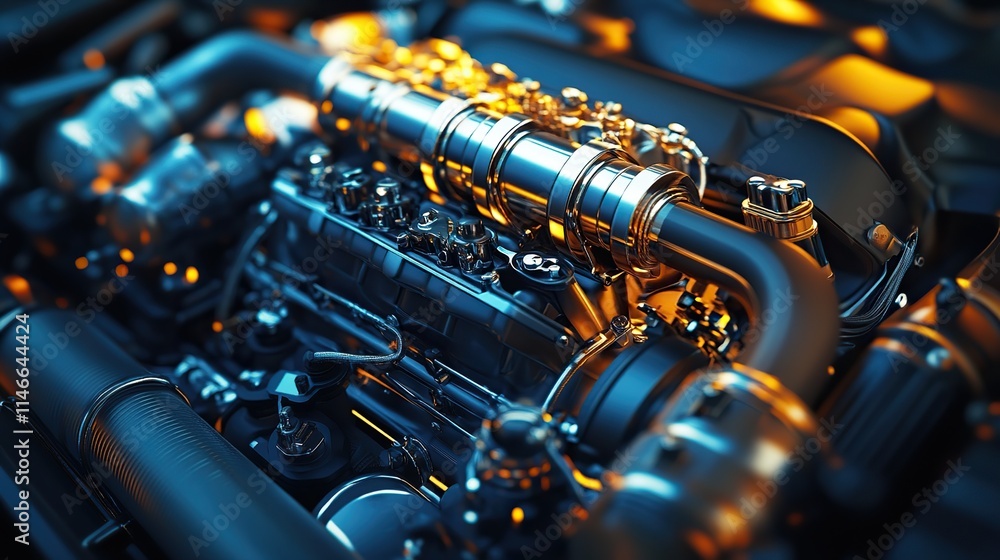 A supercharged automotive engine designed with the latest in performance technology. A supercharged automotive engine designed with the latest in performance technology.