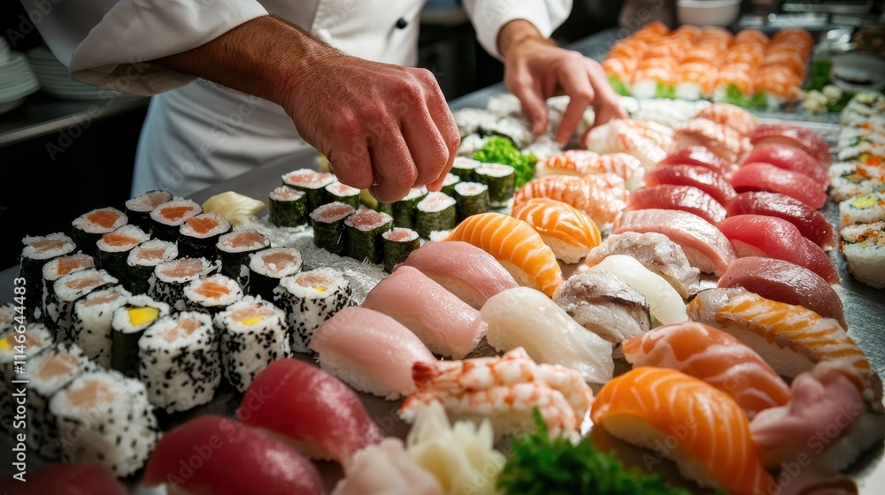 Obraz premium A chef skillfully arranges an array of sushi, showcasing various types, including rolls and sashimi, in a vibrant culinary display.