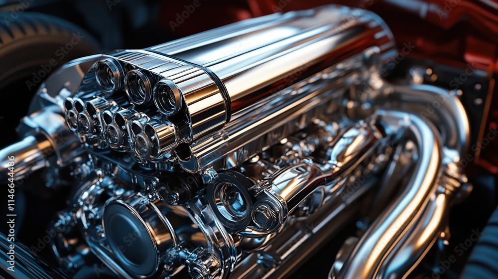 A supercharged automotive engine designed with the latest in performance technology. A supercharged automotive engine designed with the latest in performance technology.