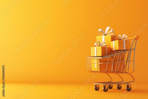 Shopping cart filled with festive gifts bright yellow background digital render studio environment close-up view holiday shopping concept photo