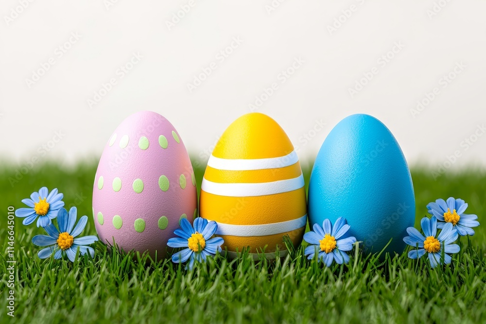 Easter eggs in a spectrum of colors hidden in the grass and spring flowers, basking in sunlight, ideal for holiday-themed designs with space for text. Easter eggs in a spectrum of colors hidden in the grass and spring flowers, basking in sunlight, ideal for holiday-themed designs with space for text.