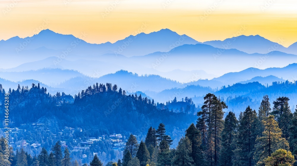 Obraz premium Serene Blue Mountain Range at Sunset Overlooking Town