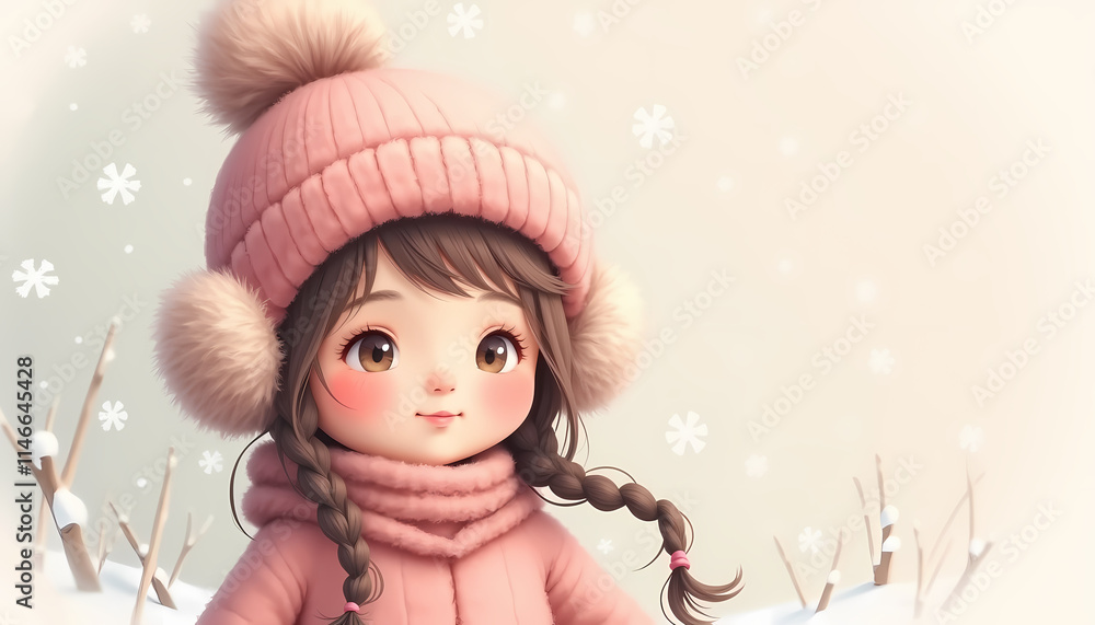 Adorable girl in pink winter attire with braided hair and pom-pom hat enjoying the snowy weather Adorable girl in pink winter attire with braided hair and pom-pom hat enjoying the snowy weather