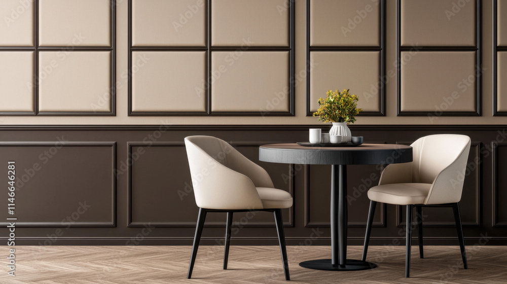 Fototapeta premium Elegant dining room with textured wall panels, featuring round table and two chairs. warm tones create cozy atmosphere, perfect for intimate gatherings