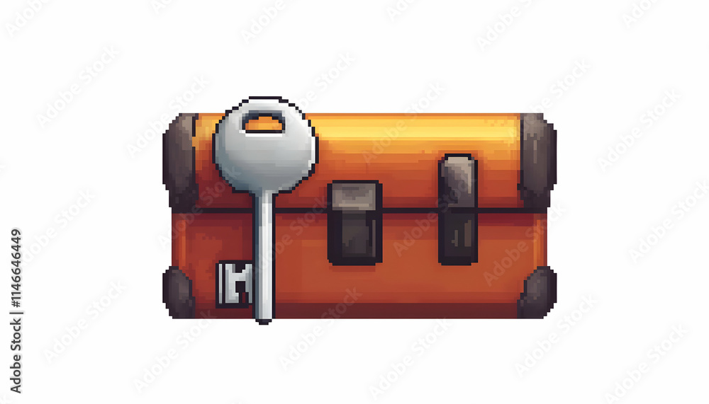 Pixel art of an orange chest with a silver key isolated on a white background, possibly for game assets. Pixel art of an orange chest with a silver key isolated on a white background, possibly for game assets.