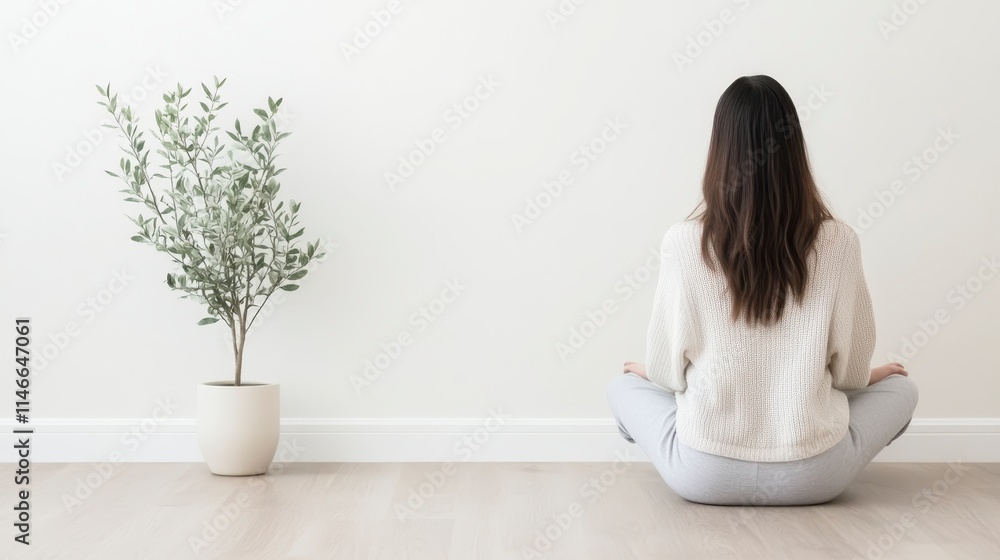 A serene scene of a woman meditating on the floor, with a potted plant beside her, against a minimalist wall.