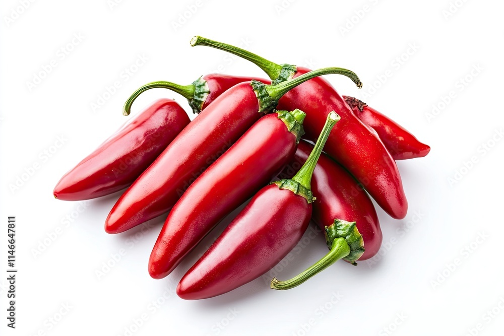 A cluster of fresh red jalapeno peppers, isolated on a clean white backdrop A cluster of fresh red jalapeno peppers, isolated on a clean white backdrop