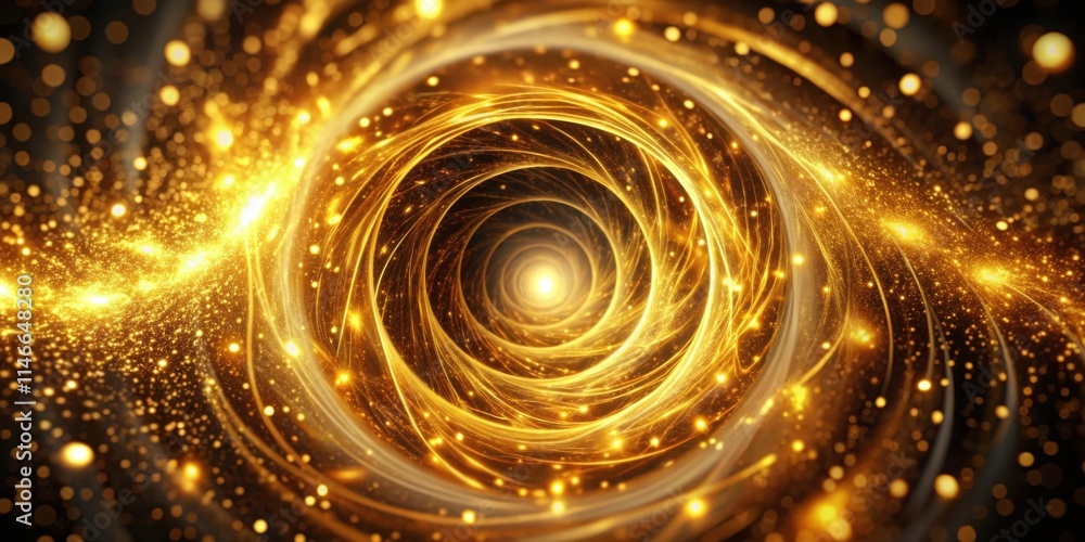 Obraz premium A shimmering golden spiral with sparkling dust particles swirling towards a bright light at the center, creating an illusion of infinite depth and wonder.