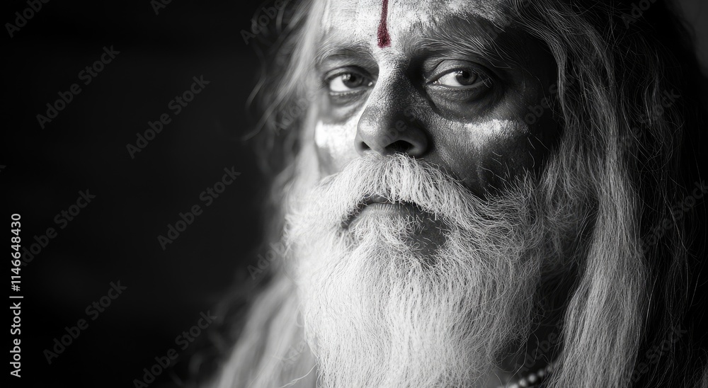 Portrait of an old sadhu with face painting, white beard and hair, wearing traditional Indian Portrait of an old sadhu with face painting, white beard and hair, wearing traditional Indian