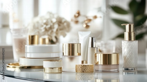 luxurious skincare products displayed on glass table