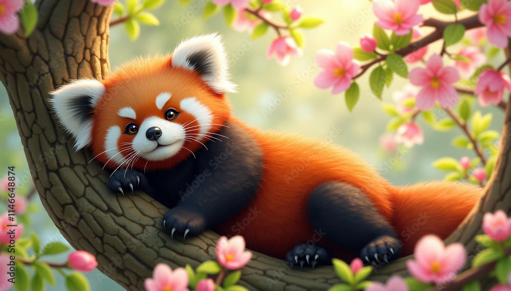 Red panda relaxing under blooming branches Red panda relaxing under blooming branches