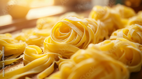 Freshly made pasta twirls on a wooden board in warm kitchen light. 