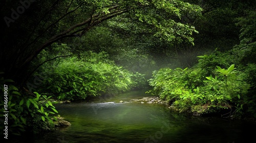 Serene Forest Stream Enveloped in Misty Green Tranquility
