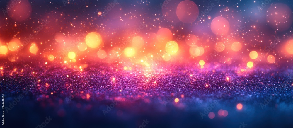 Fototapeta premium Glittering bokeh lights on purple, blue, and orange sparkly surface.