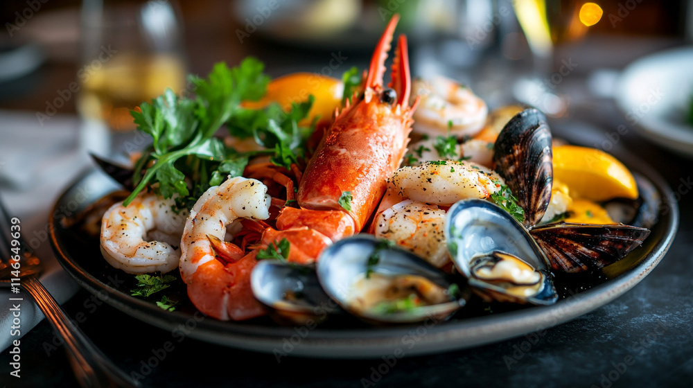 Seafood platter featuring shrimp, lobster, mussels, and fresh herbs on a dark table. Seafood platter featuring shrimp, lobster, mussels, and fresh herbs on a dark table.