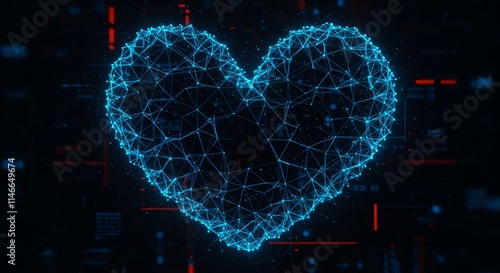 Abstract glowing blue heart, digital network connection, futuristic love concept. Perfect for Valentine's, technology, or medical themes.