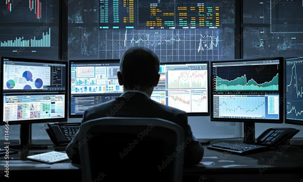 A person analyzing market data on multiple screens in a trading environment.