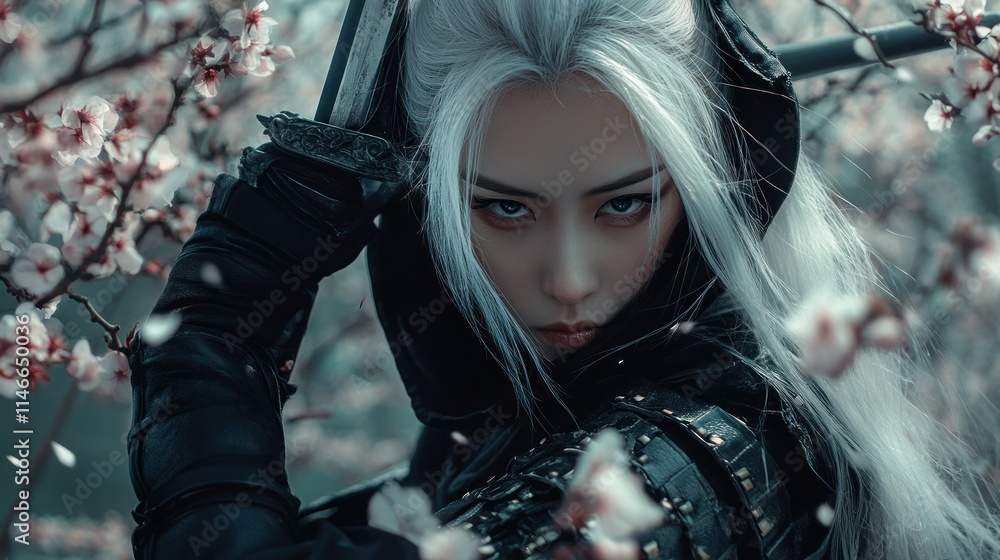 An Asian warrior woman with long white hair covered her face under her hood. She stood in the middle of a grove of cherry blossoms background AI generated image An Asian warrior woman with long white hair covered her face under her hood. She stood in the middle of a grove of cherry blossoms background AI generated image