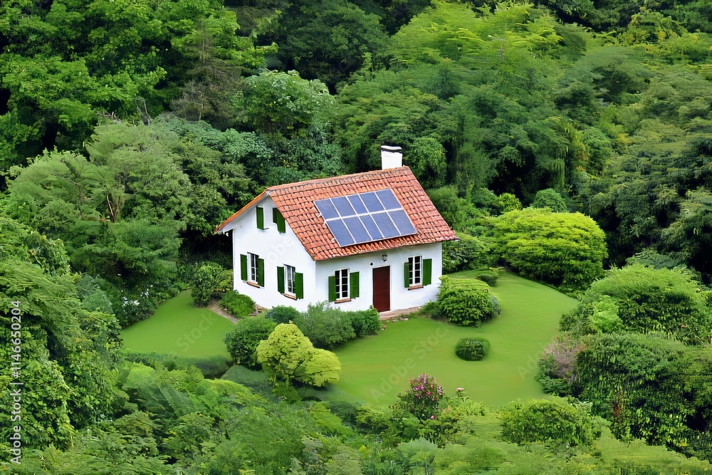 A contemporary house roof equipped with solar panels, representing an eco-friendly energy solution.