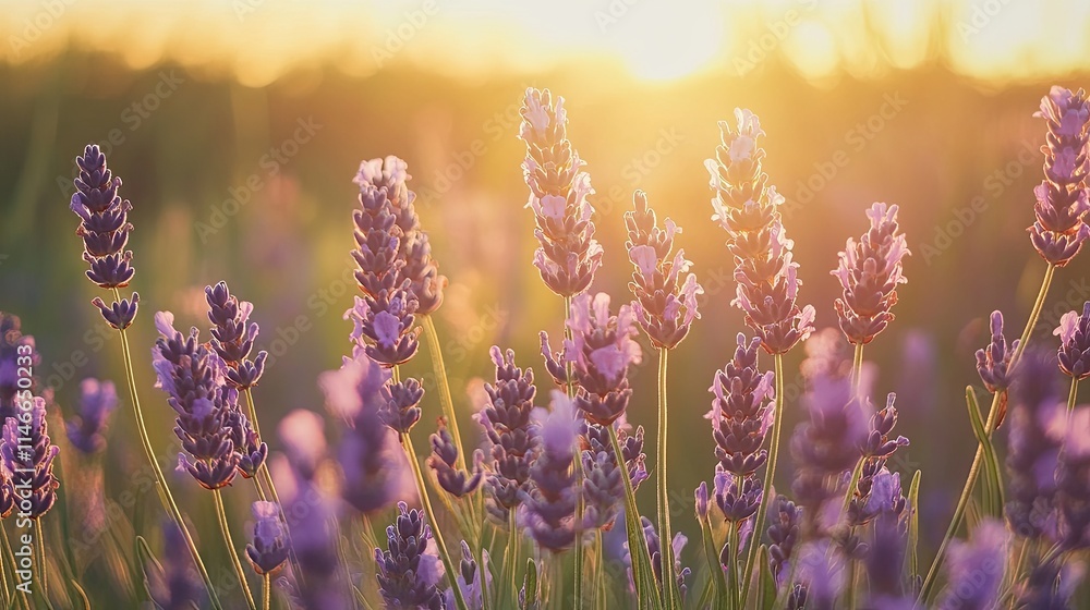 Obraz premium Sunset illuminates vibrant lavender field.