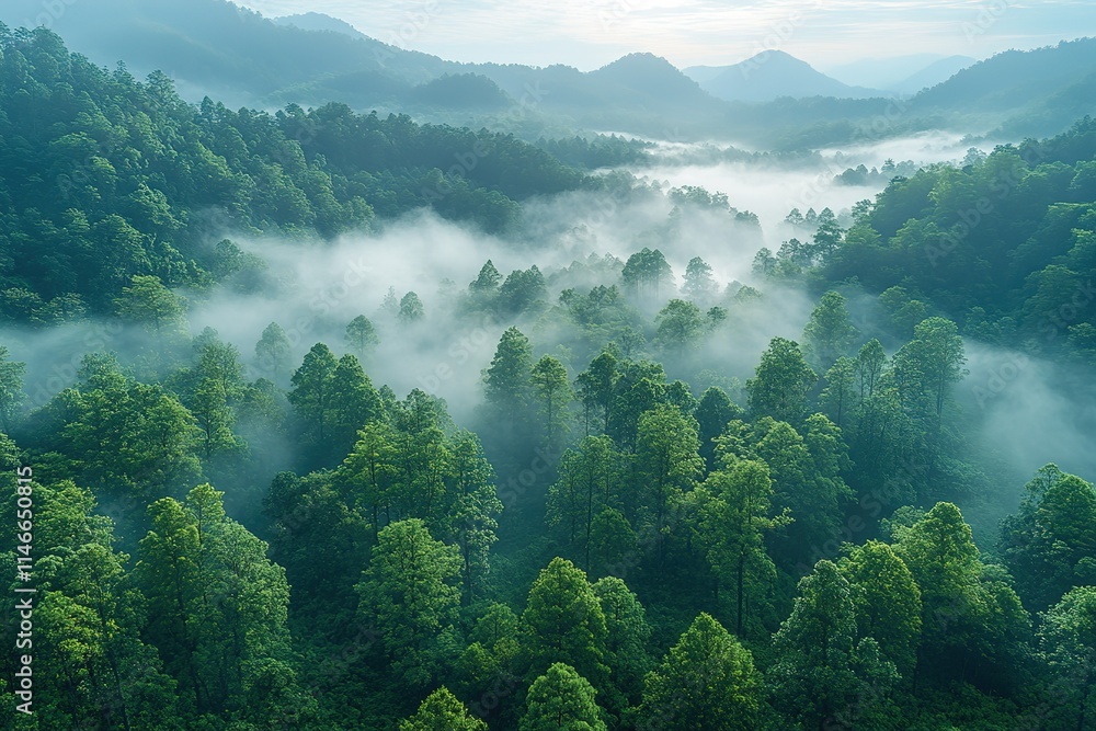 Obraz premium A forest with a lot of trees and a foggy sky