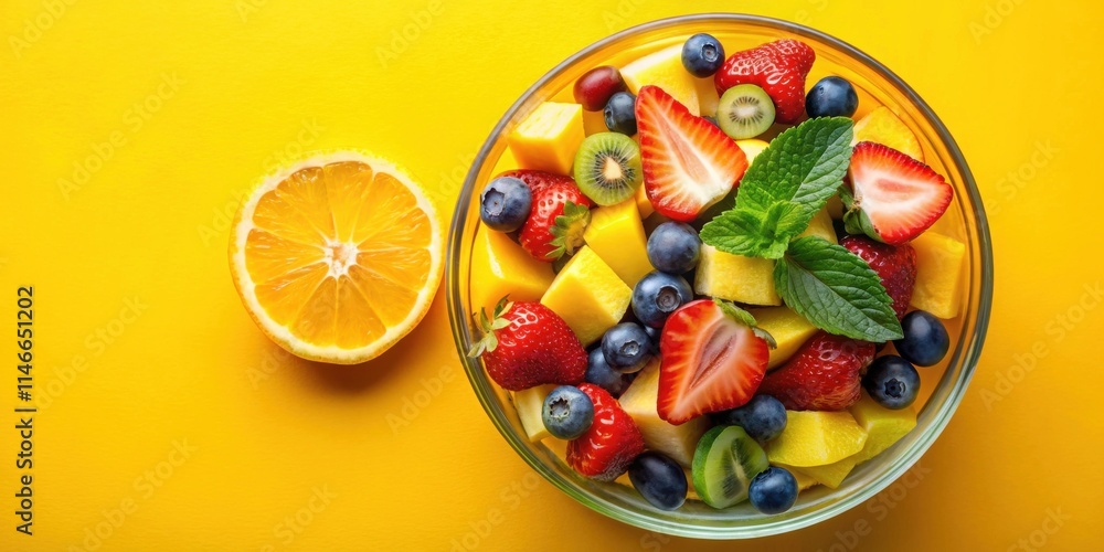 A Refreshing Bowl of Fresh Fruit Salad with Slices of Mango, Strawberries, Kiwi, and Blueberries, Garnished with Mint Leaves on a Yellow Background A Refreshing Bowl of Fresh Fruit Salad with Slices of Mango, Strawberries, Kiwi, and Blueberries, Garnished with Mint Leaves on a Yellow Background